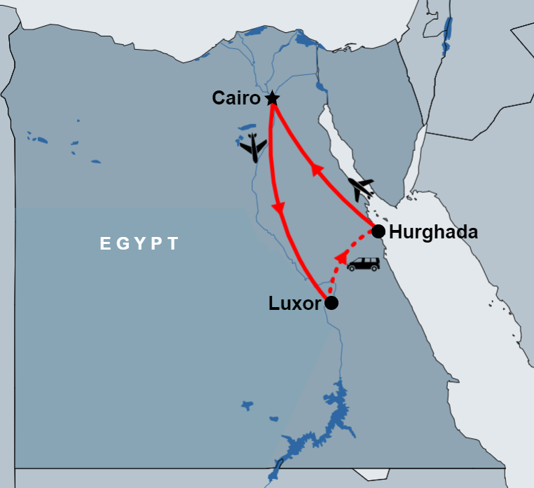 6 Day Cairo, Luxor and Hurghada Tour map 6 Day Cairo, Luxor and Hurghada Tour map